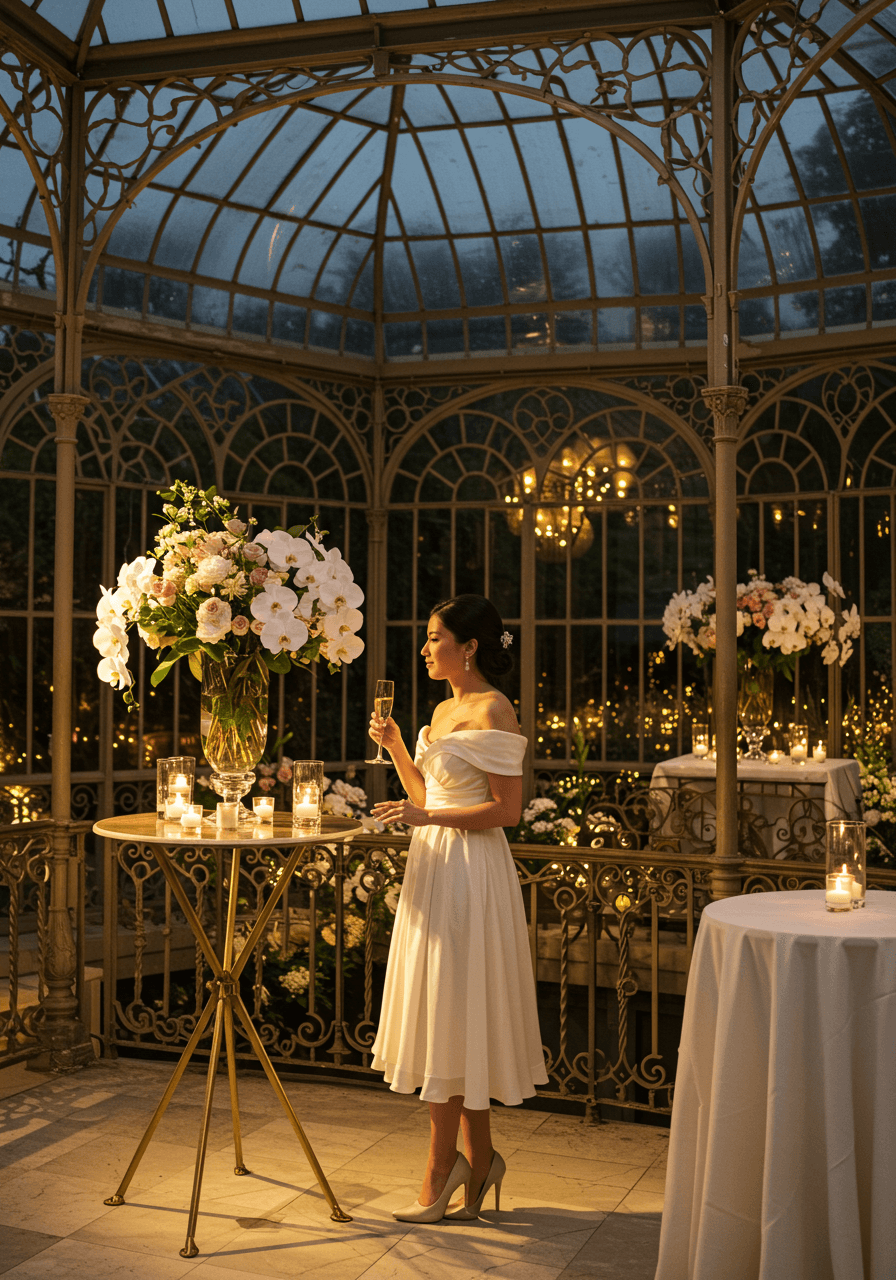Bride in cocktail dress holding champagne flute in elegant orangery during golden hour