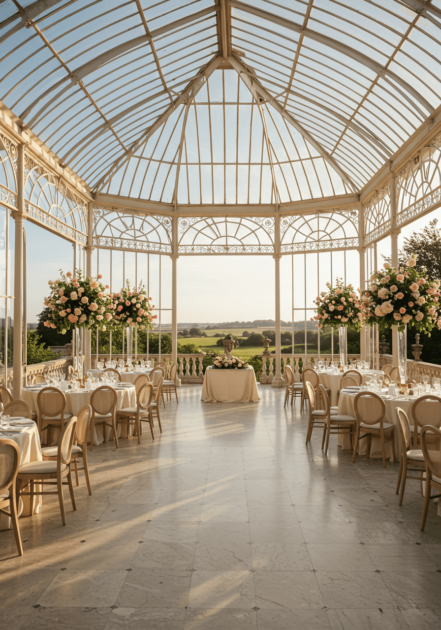 Orangery wedding reception with panoramic views of countryside and manicured gardens