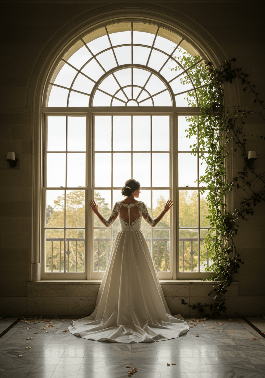 Bridal portrait with bride touching window frame in glass conservatory