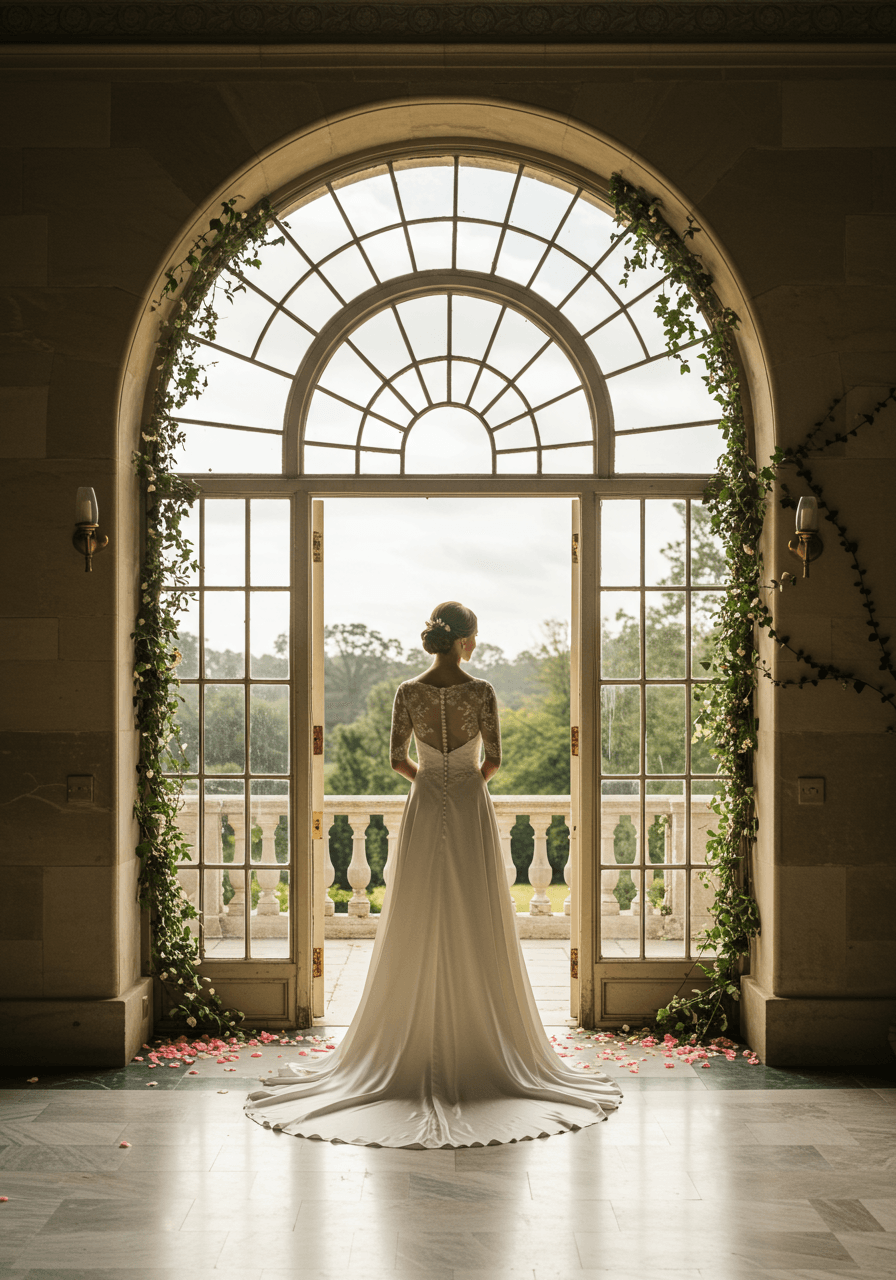 Bride in ivory silk gown perfectly framed by ornate arched window opening