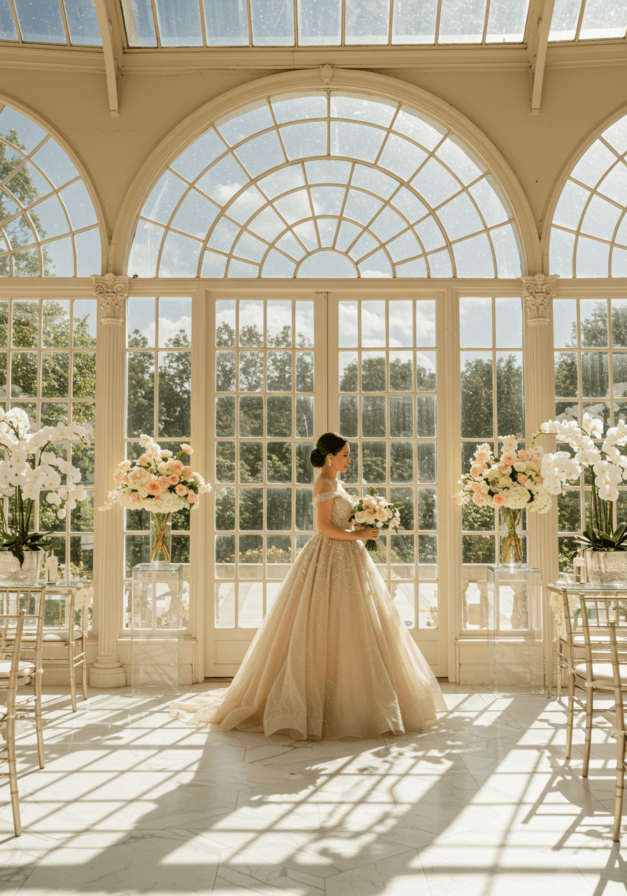 Bride in champagne beaded gown positioned beside arched window in orangery