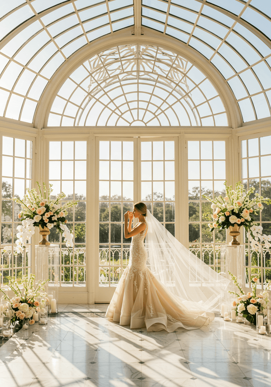 Elegant bride adjusting veil near towering arched glass window in conservatory