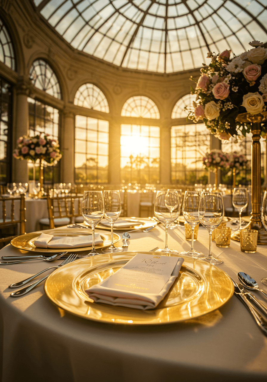Macro view of gold table setting details with crystal glassware in orangery