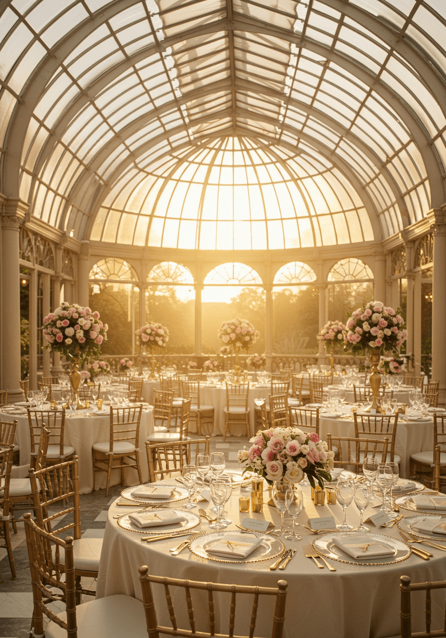 Elegant gilded place settings with gold charger plates on round tables in orangery