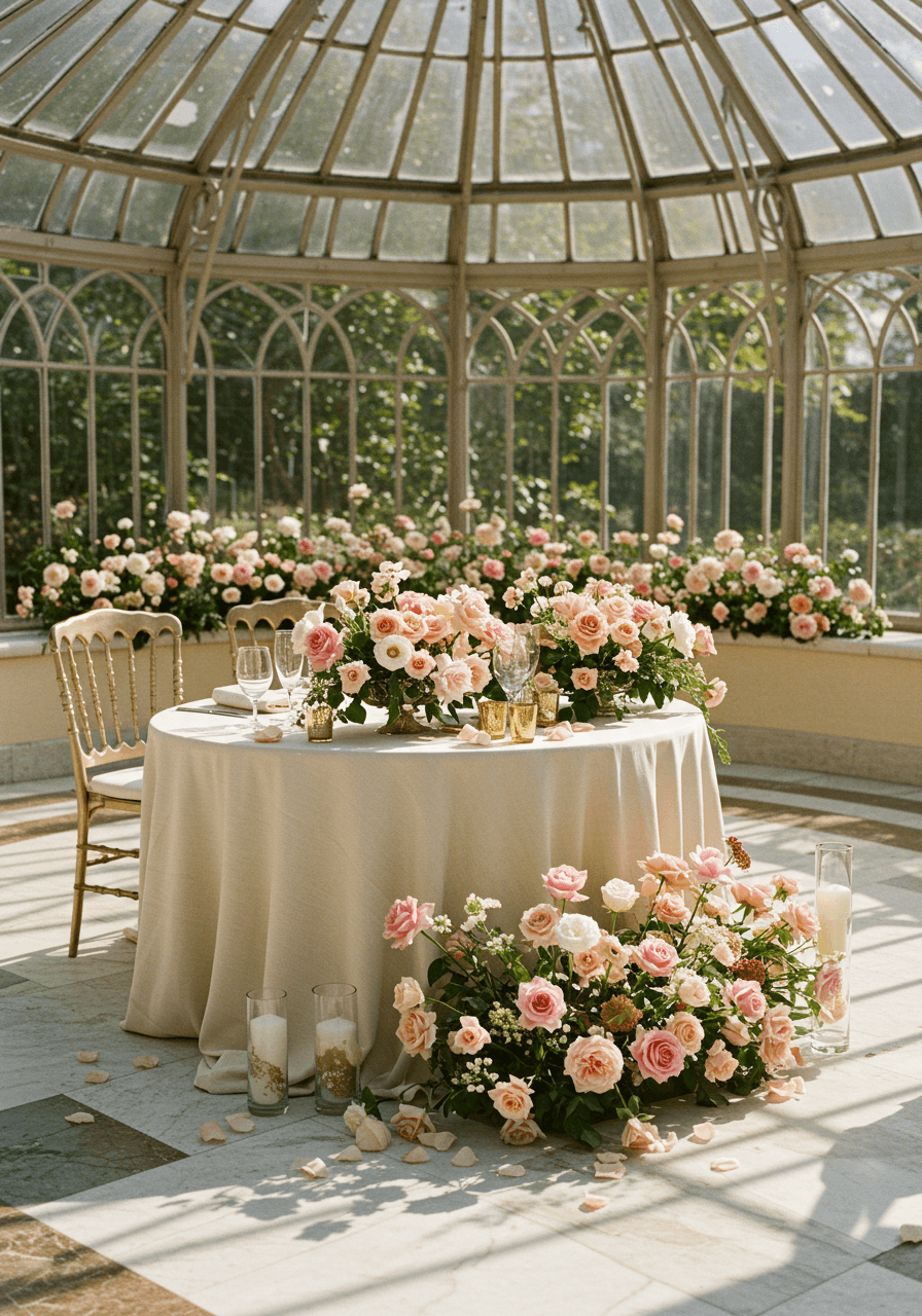 Sweetheart table with abundant rose centerpiece in glass orangery conservatory