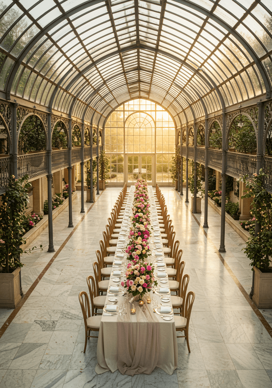 Overhead view of elaborate banquet table with pink roses and fine dining setup
