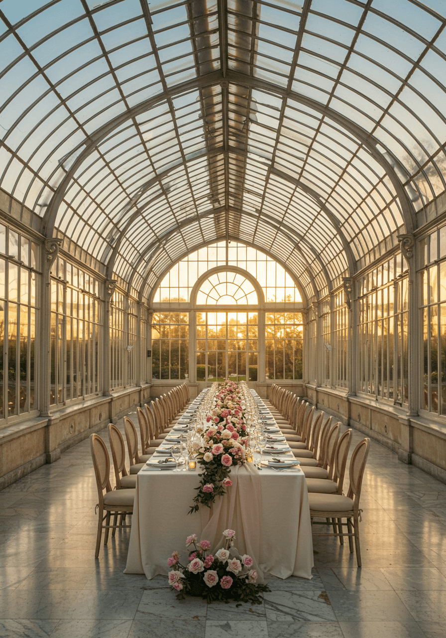 Grand scale banquet table stretching length of magnificent glass orangery conservatory
