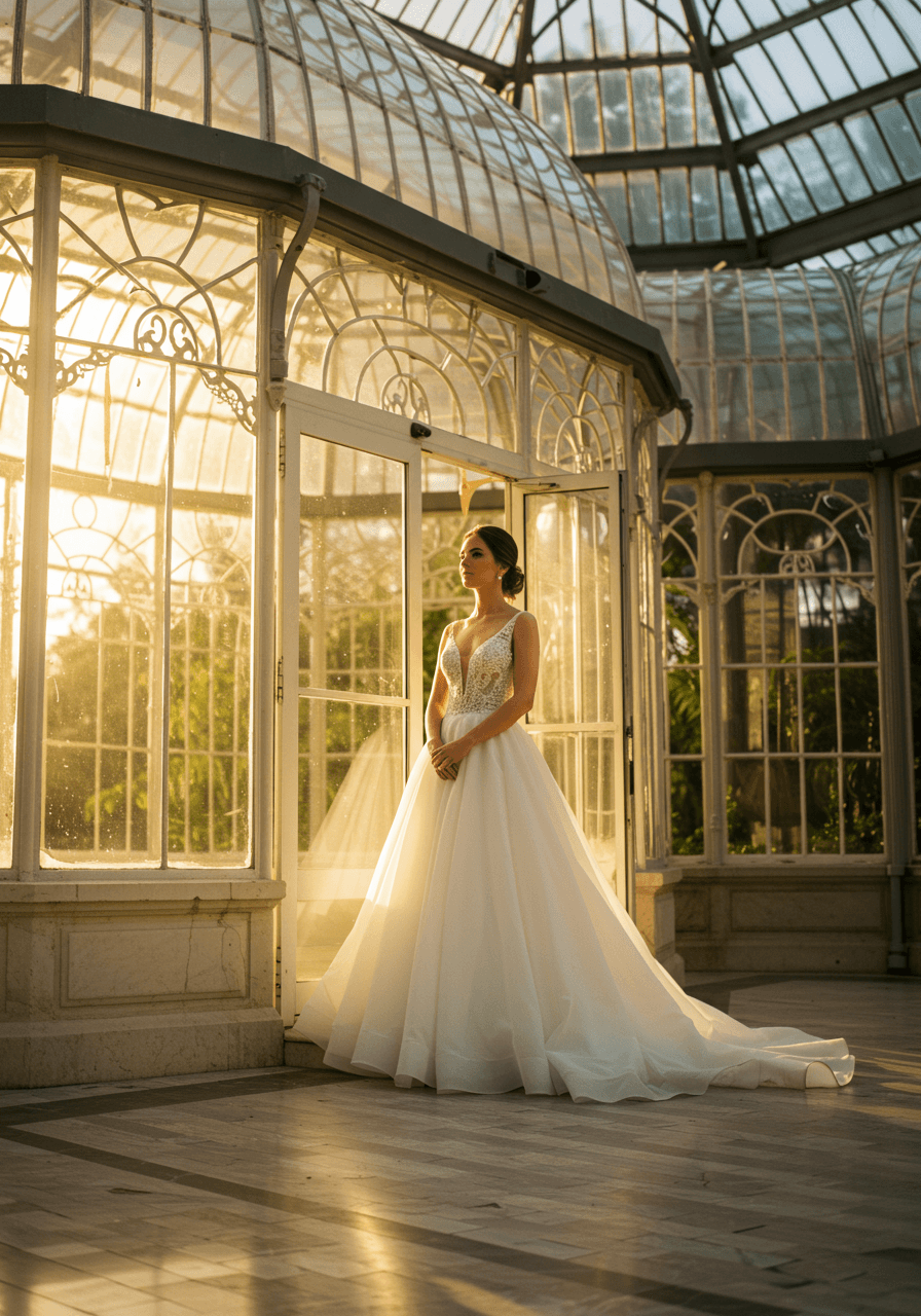 Bride in flowing white gown walking through magnificent orangery entrance doorway