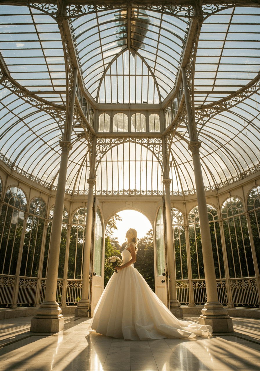 Bridal portrait beneath soaring glass and iron framework of conservatory entrance