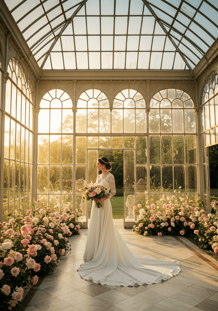 Bride in ivory gown gazing through floor-to-ceiling windows at garden views