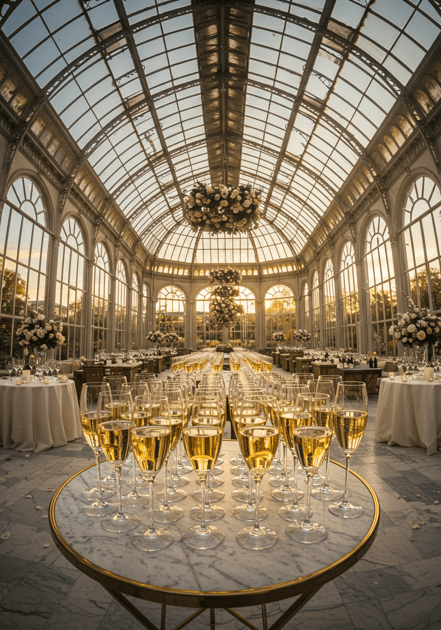 Wide view of champagne service setup in golden hour lit orangery wedding venue