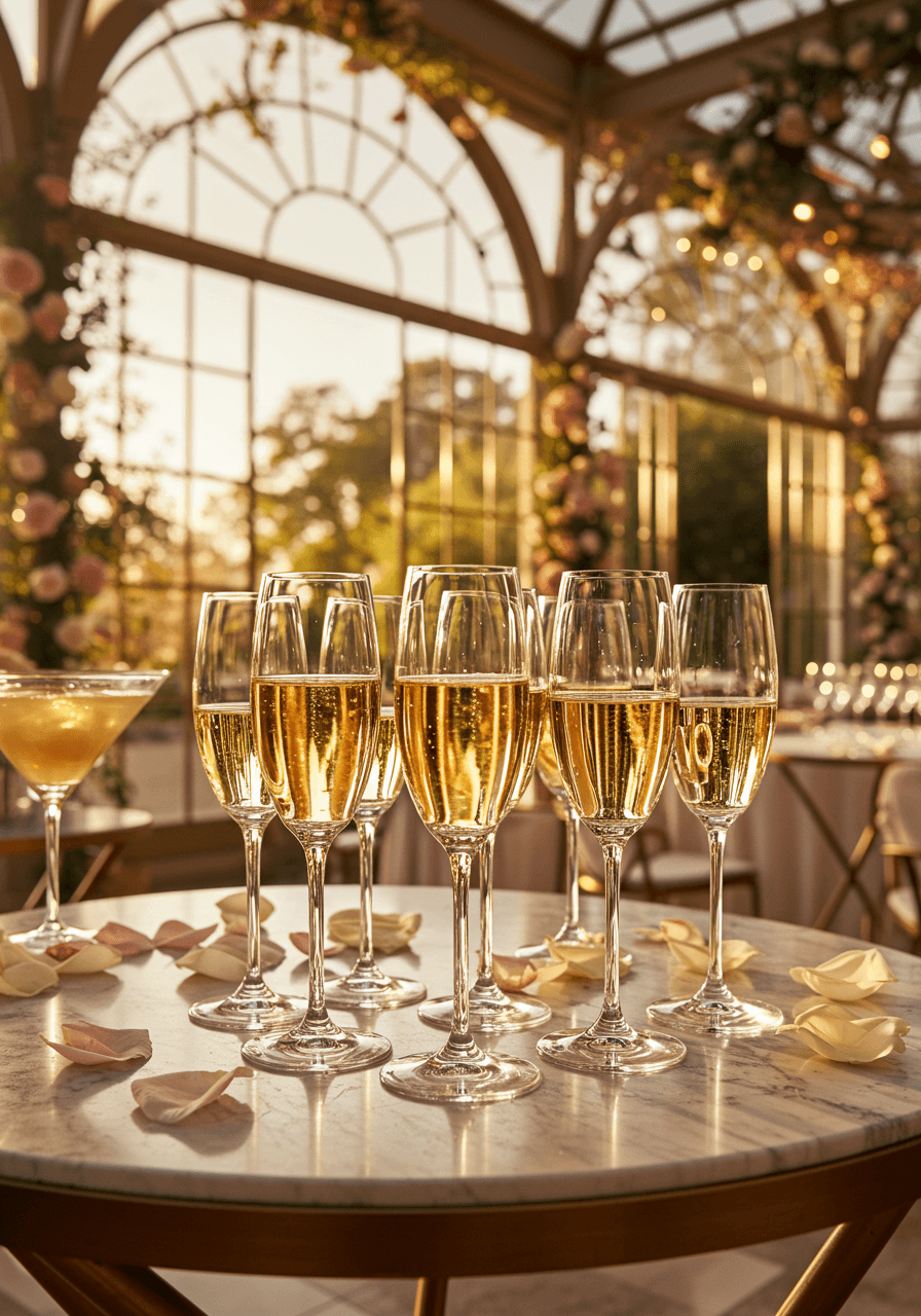 Close-up crystal champagne flutes filled with golden bubbles on cocktail table