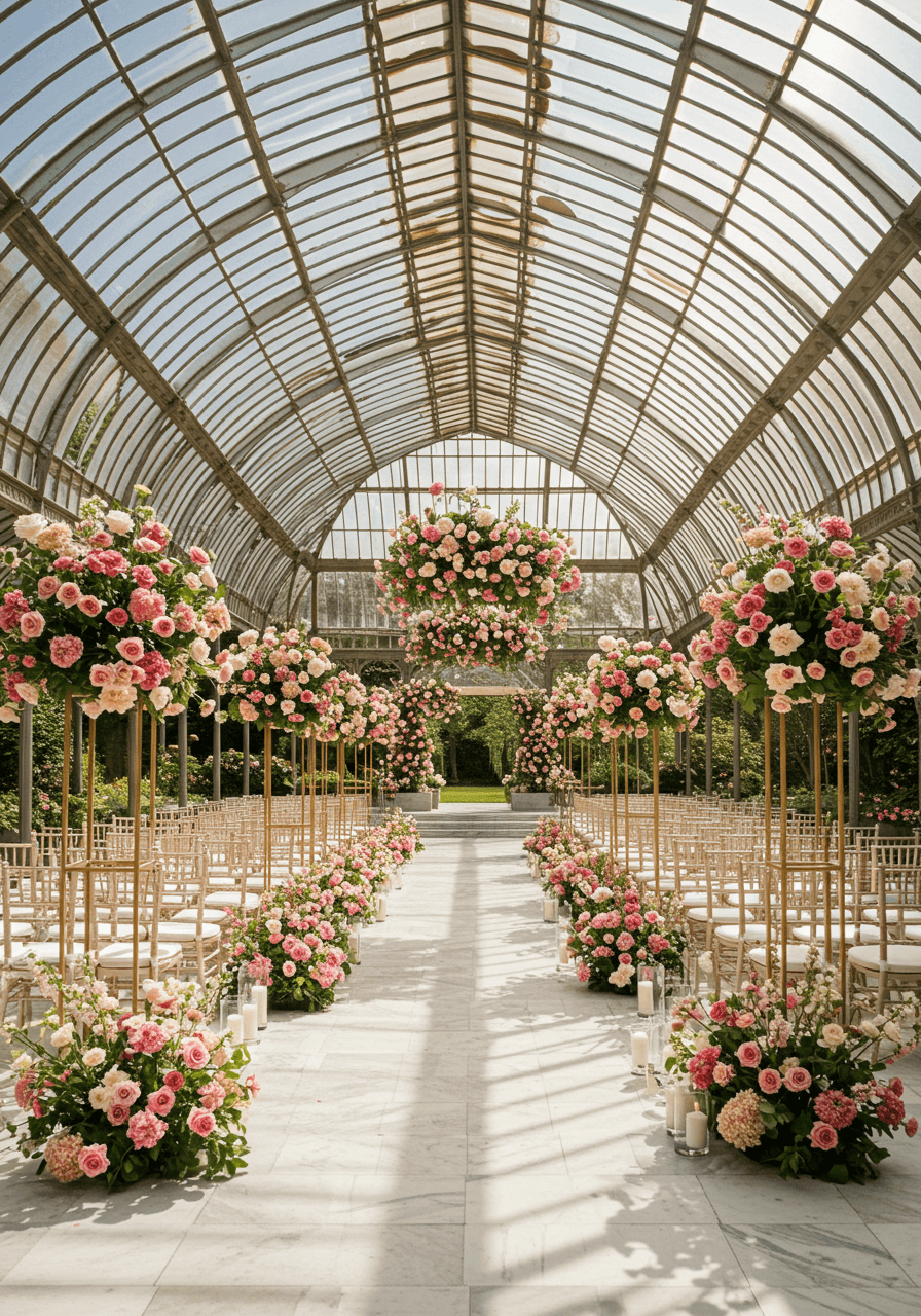 Empty ceremony aisle with white chairs and pink rose arrangements in glass orangery
