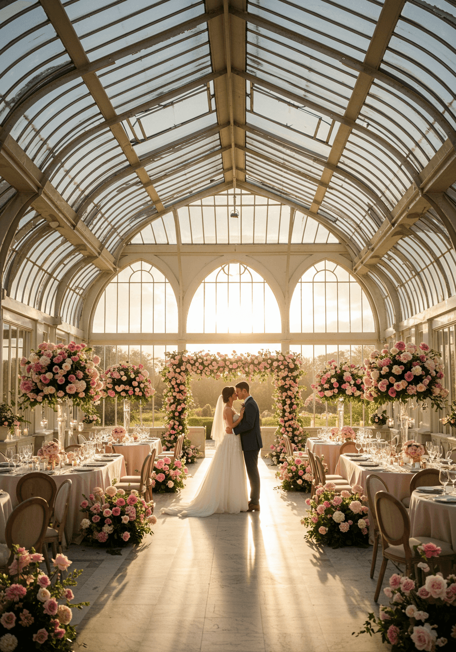 Bride and groom sharing intimate moment in glass orangery during golden hour