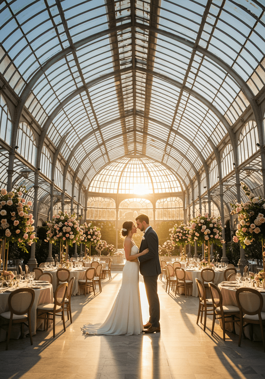 Close portrait of couple embracing in romantic orangery wedding venue golden light