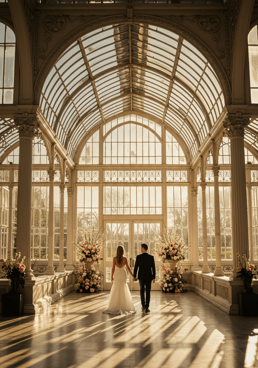 Couple walking hand in hand toward grand conservatory entrance with arched windows