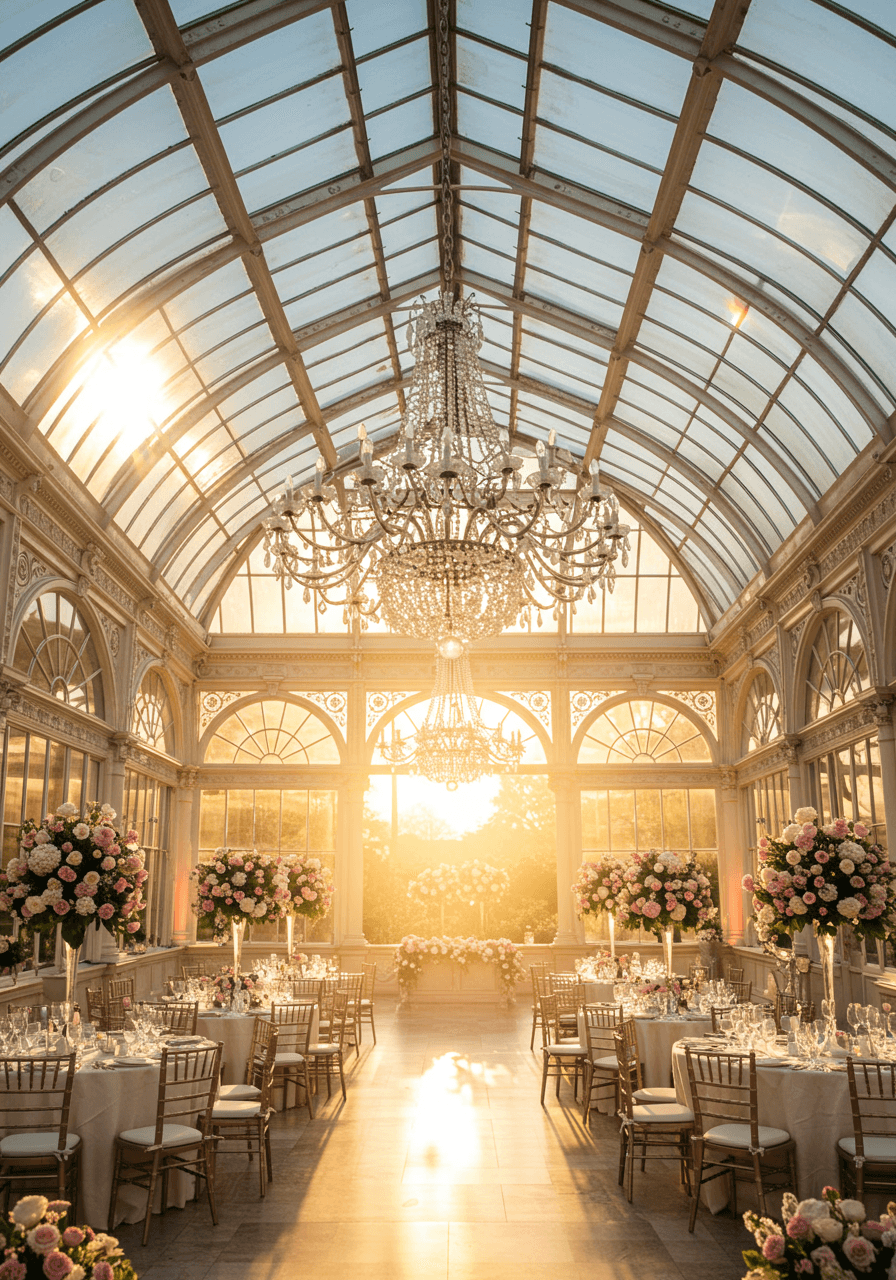 Magnificent crystal chandelier suspended in glass orangery with round reception tables