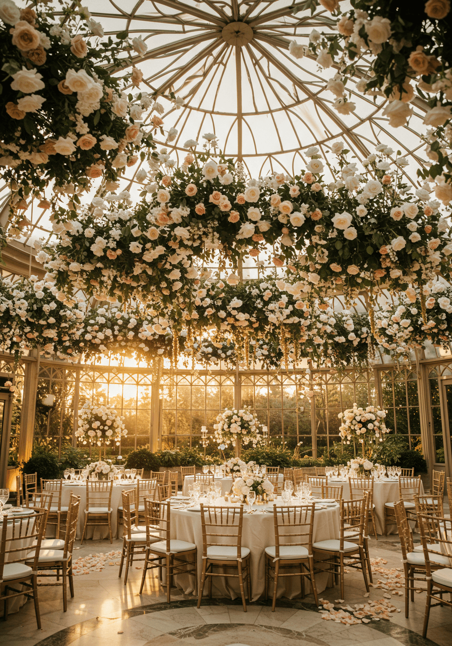Upward view of suspended floral arrangements creating living ceiling in orangery