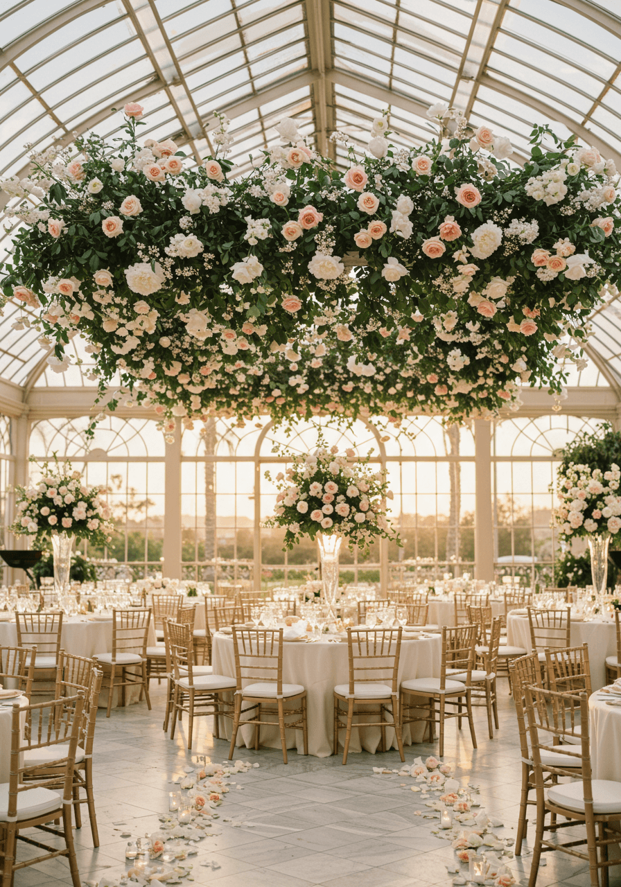 Reception dining tables beneath spectacular hanging garden of white and blush roses