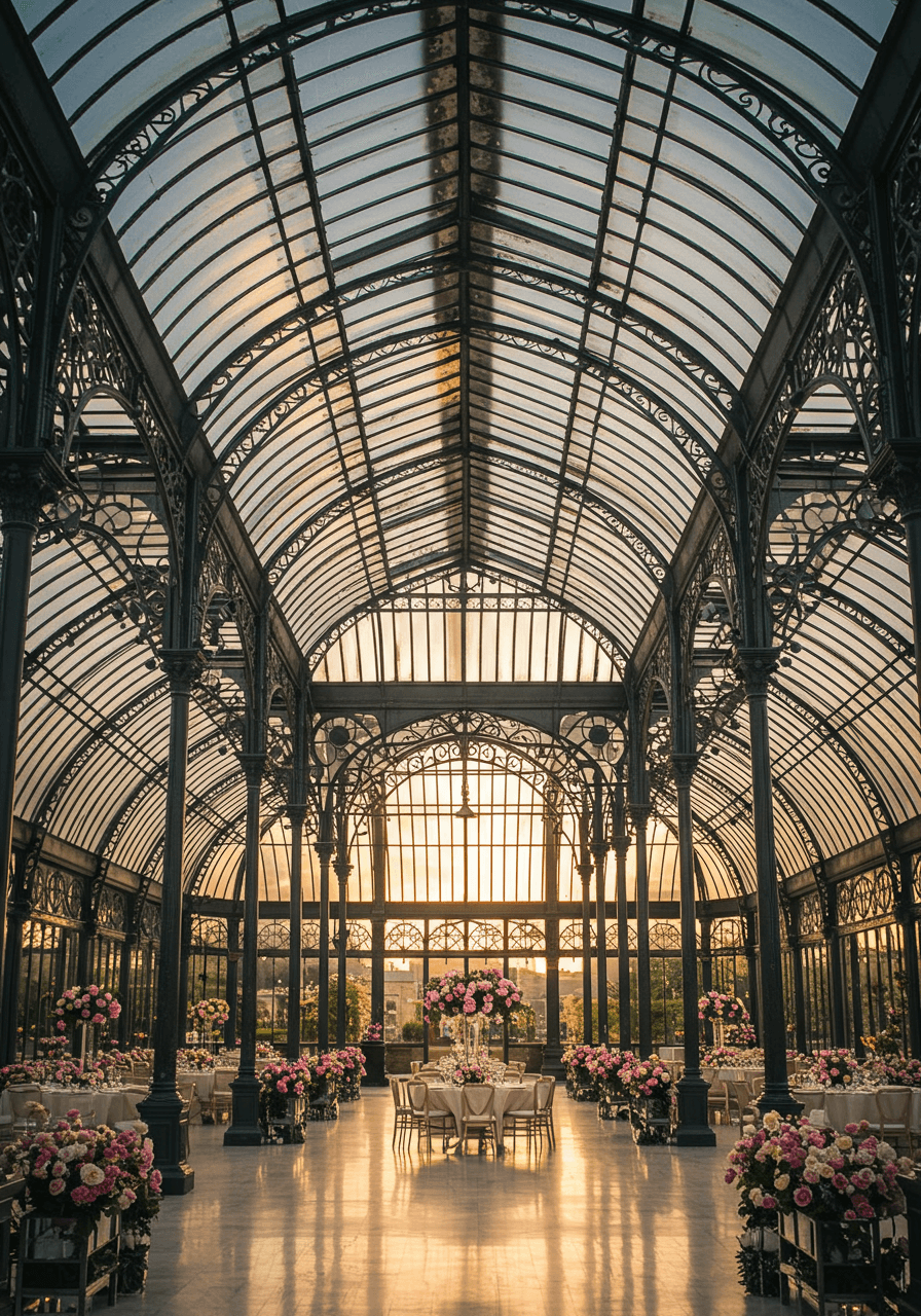 Soaring wrought iron arches and metalwork framework in magnificent orangery interior