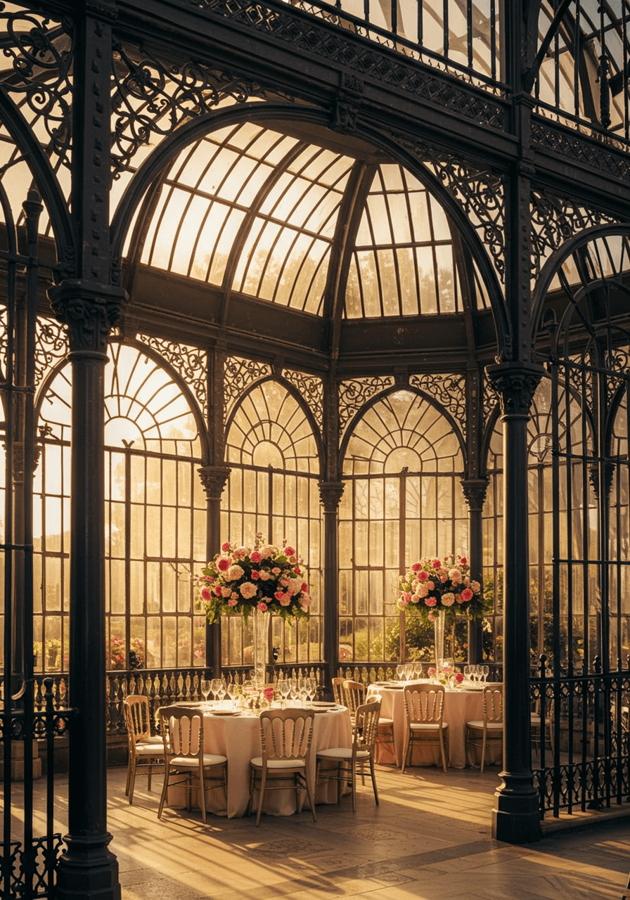 Close detail of intricate Victorian ironwork patterns in glass conservatory