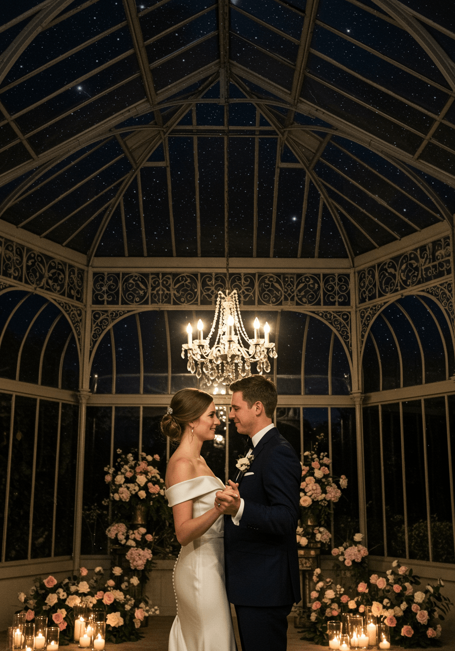 Intimate close-up of bride and groom dancing under starlight in orangery