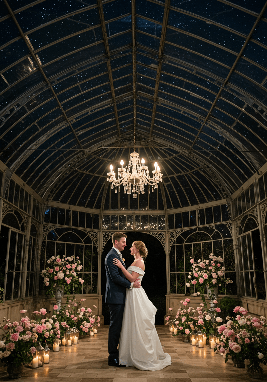 Medium shot of couple's first dance in elegant orangery with twinkling stars above
