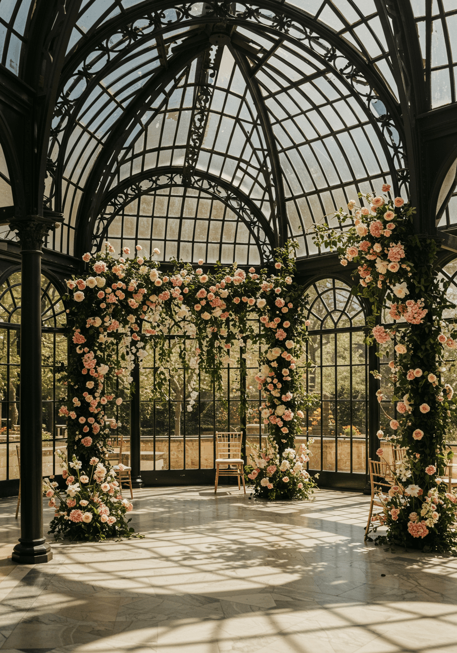 Gothic arches creating dramatic shadows with hanging floral installations in orangery ceiling