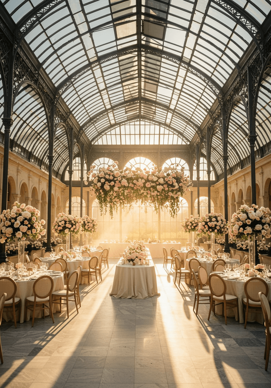 Elegant round reception tables arranged in glass orangery with hanging floral installations