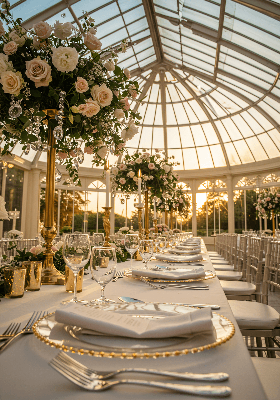 Detail view of elegant banquet table styling with roses and crystal glassware
