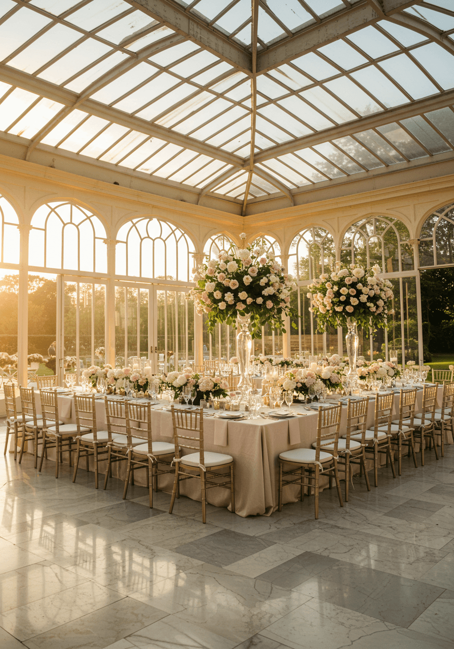 Long banquet table with cascading floral centerpieces in glass orangery