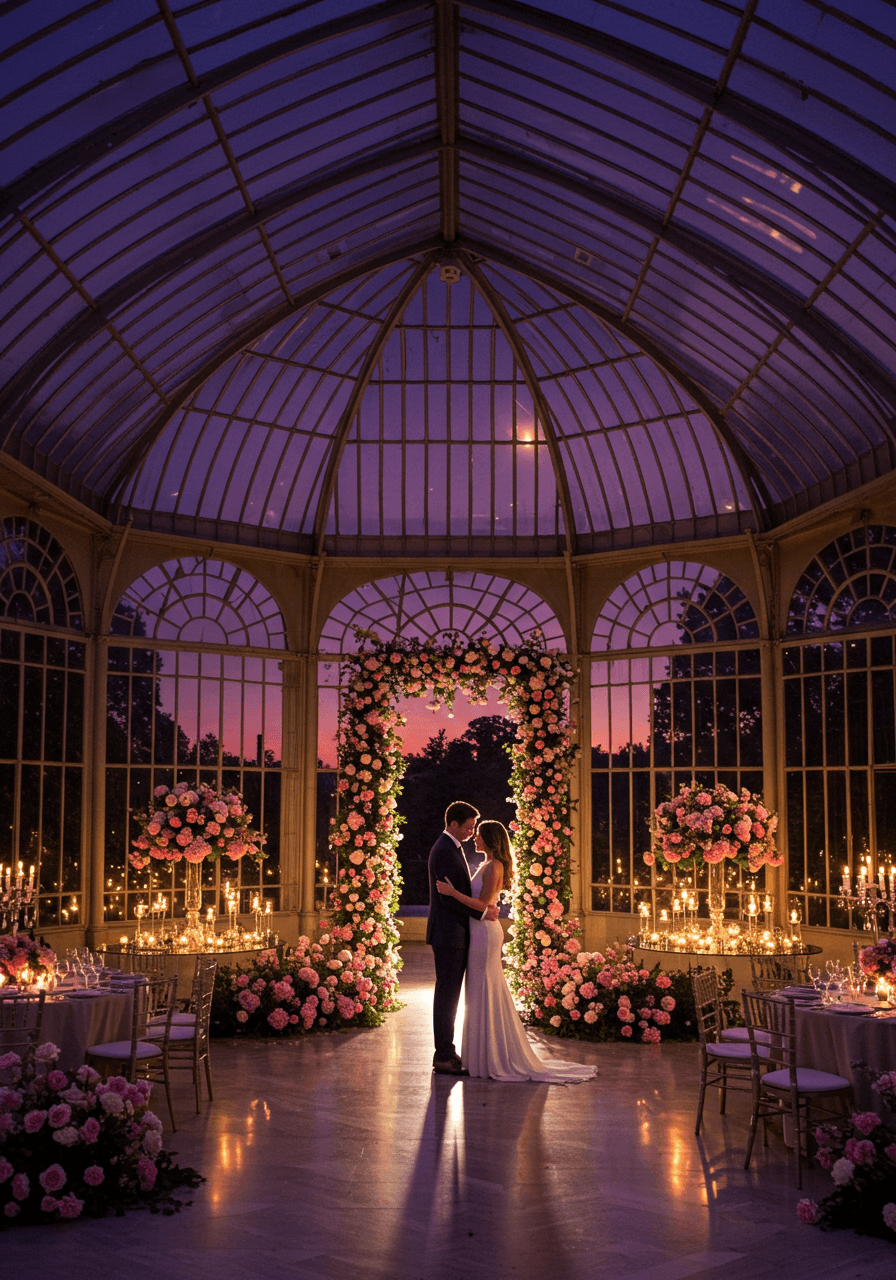 Couple embracing in orangery during romantic twilight with purple and golden sky