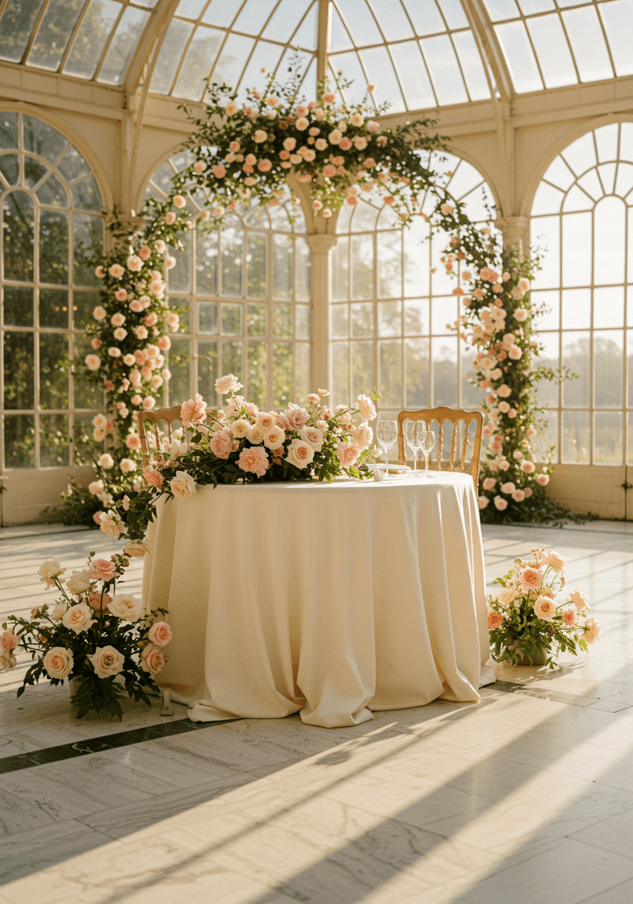 Close view of intimate sweetheart table with overflowing pink and cream roses