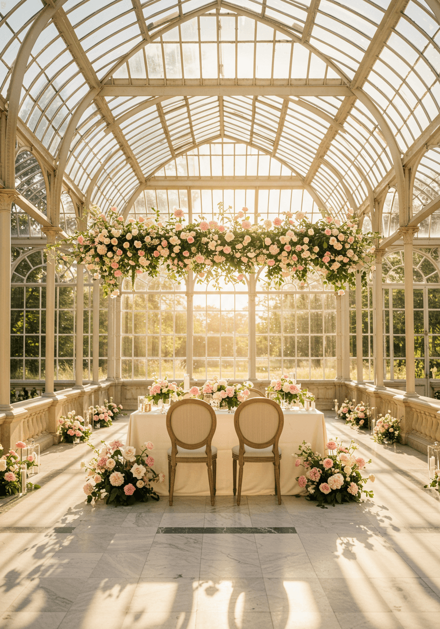 Romantic sweetheart table for two set in glass orangery with rose arrangements