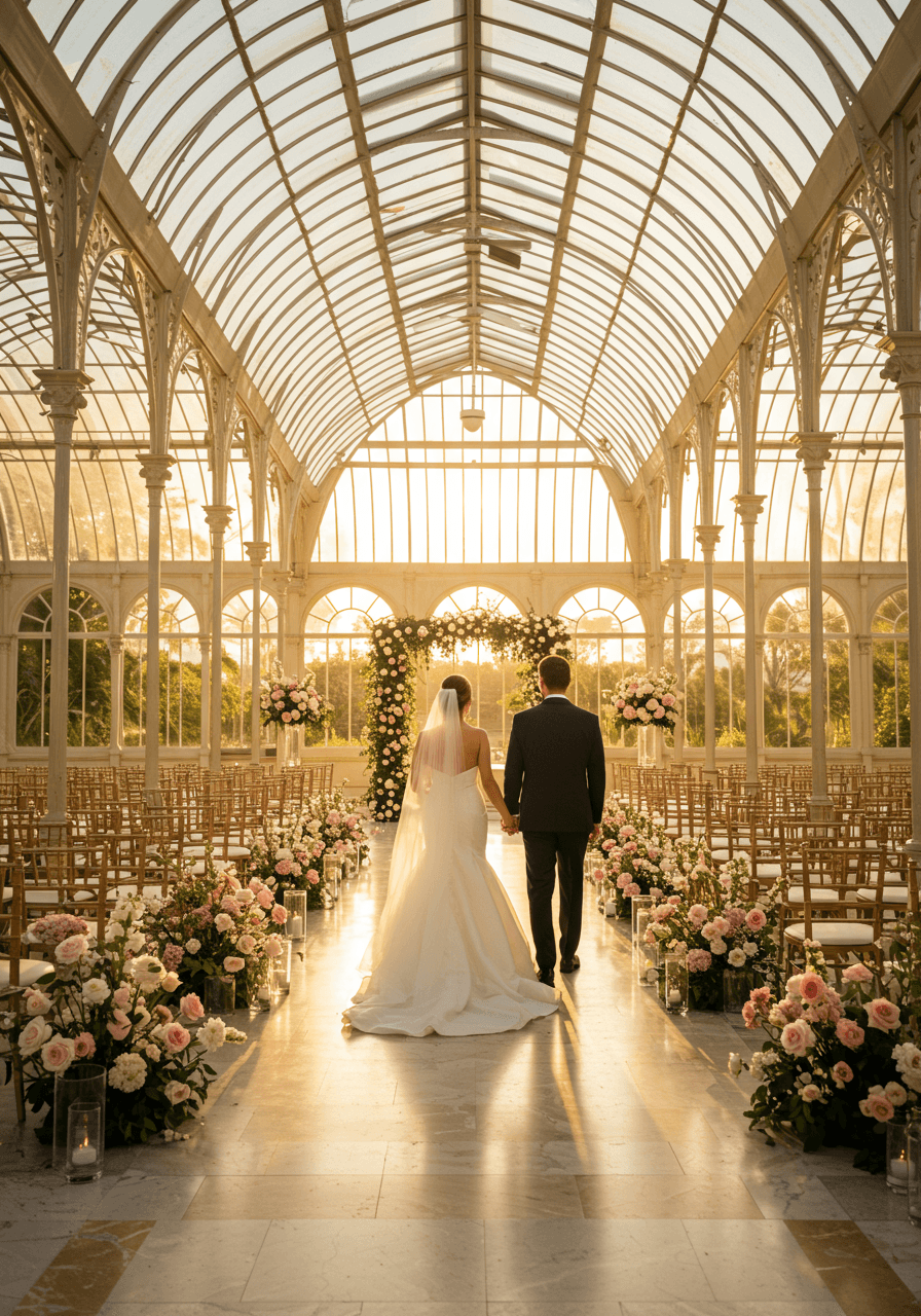 Bride and groom walking down golden lit aisle in glass orangery with pink rose arrangements