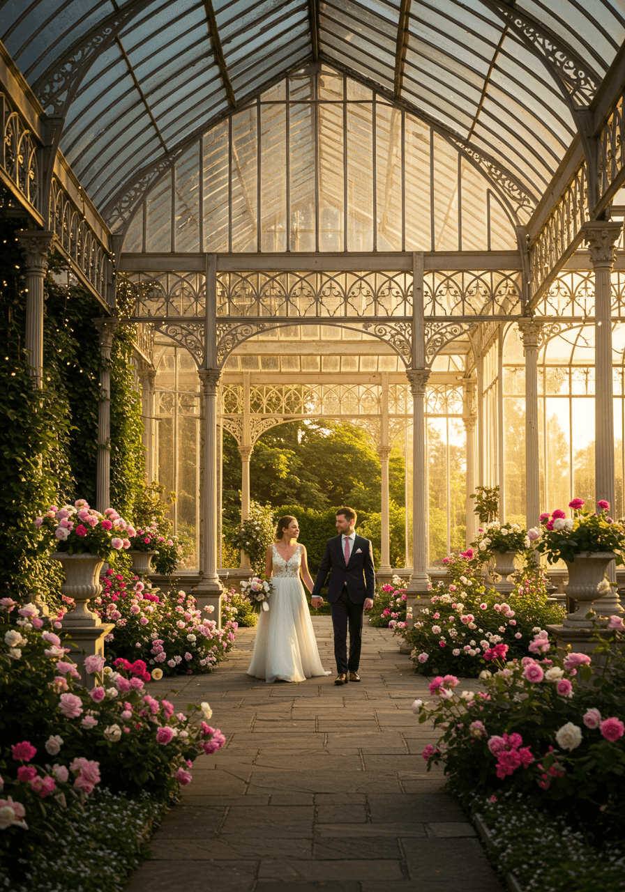 Couple in formal attire walking through English garden landscaping near orangery