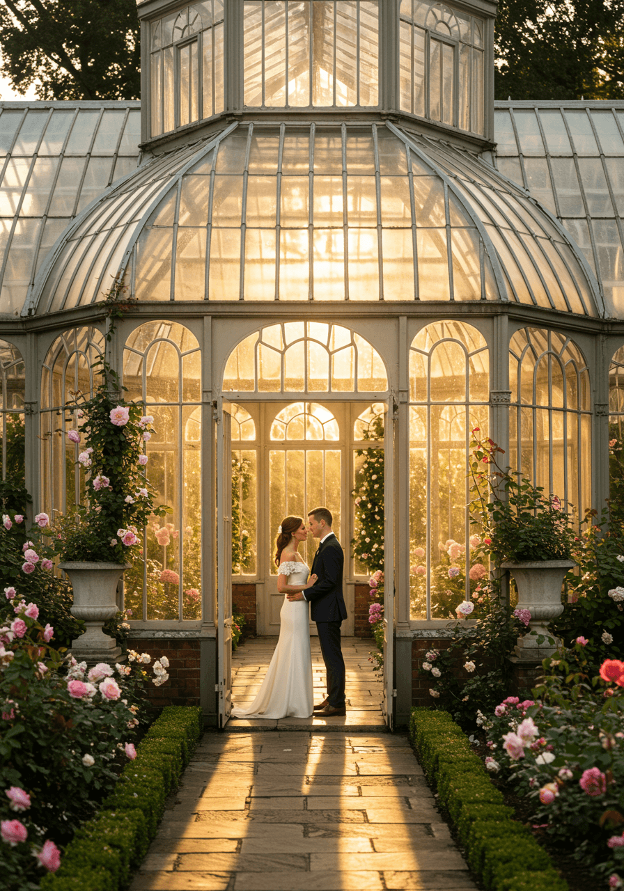 Bride and groom admiring rose gardens with elegant orangery architecture backdrop