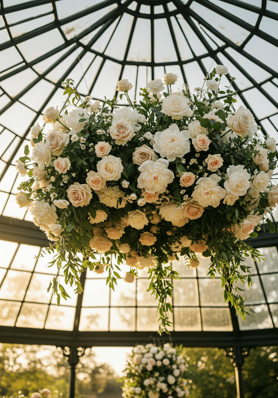Close-up macro view of cascading white roses in suspended floral cloud installation