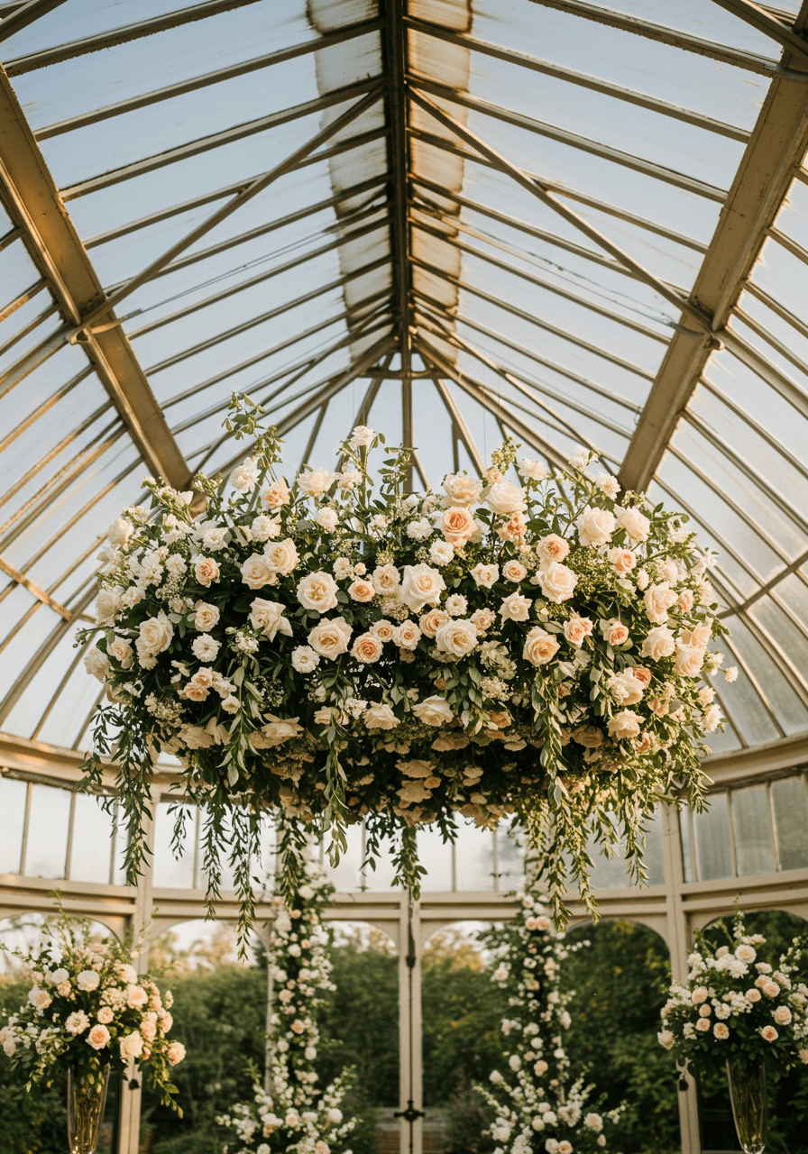 Massive suspended white rose and peony floral cloud installation in orangery ceiling