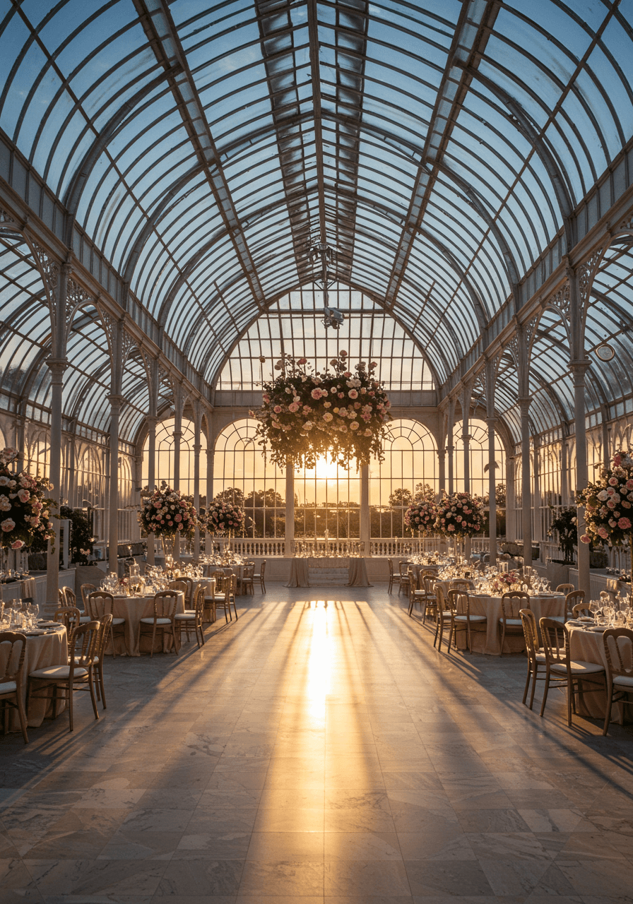 Empty glass conservatory wedding venue during magical twilight hour with architectural silhouette