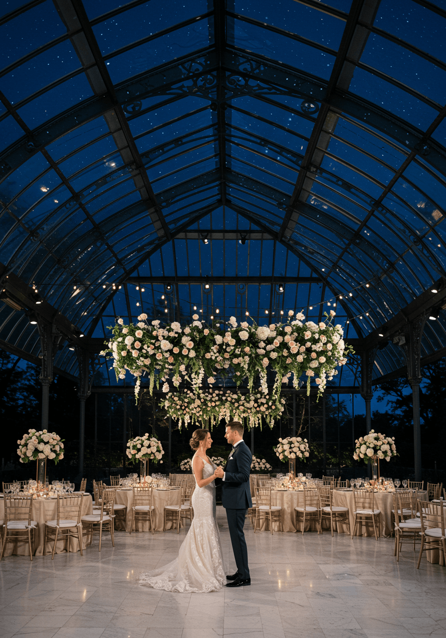 Newlywed couple first dance under starlit glass ceiling in twilight orangery