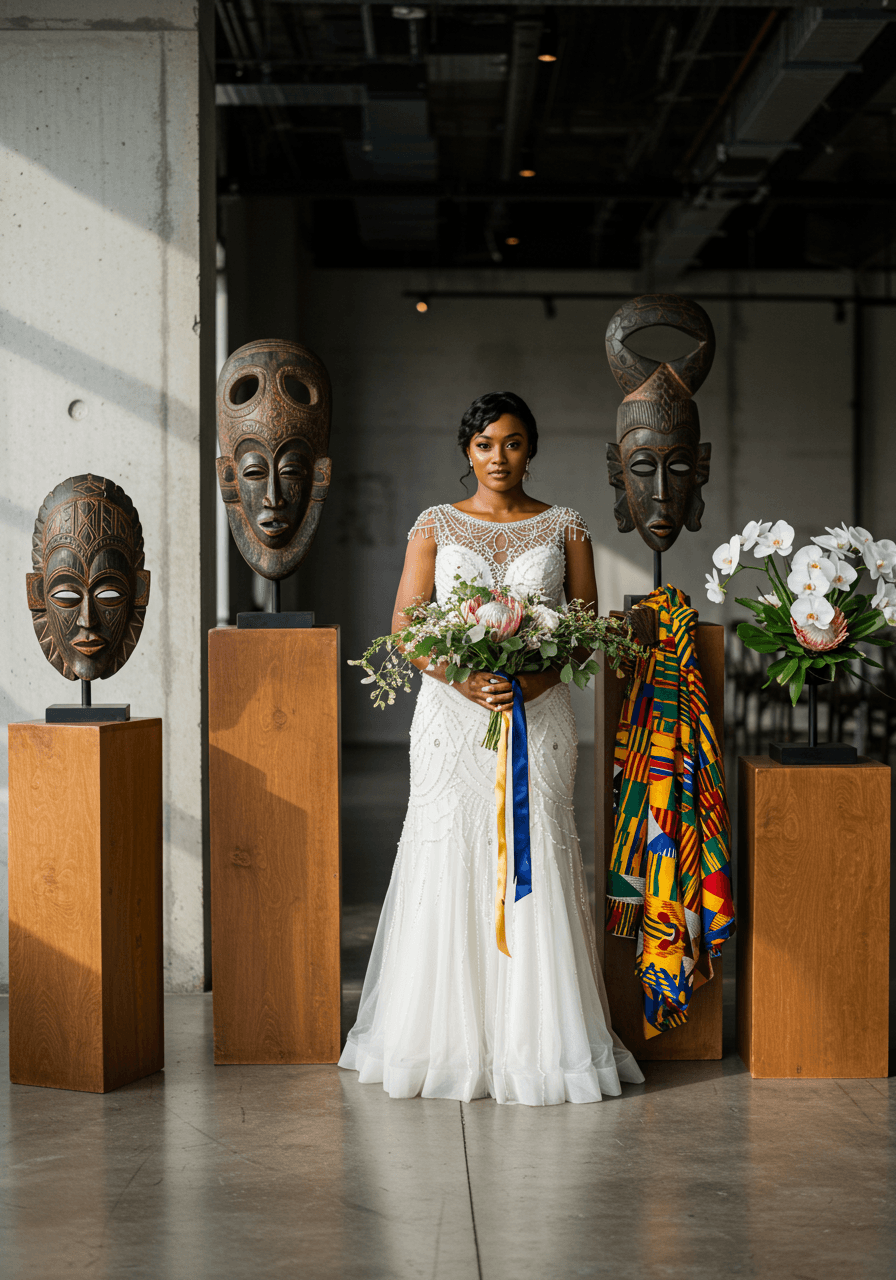 Bride wearing white gown with African beadwork holding kente cloth ribbon bouquet beside ornate ceremonial masks in modern venue space