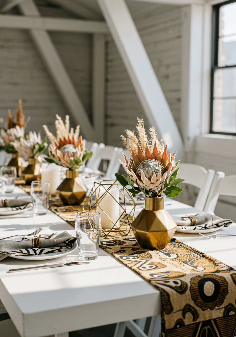Minimalist wedding tablescape with African-inspired geometric centerpieces in bright loft space with exposed white beams and natural lighting