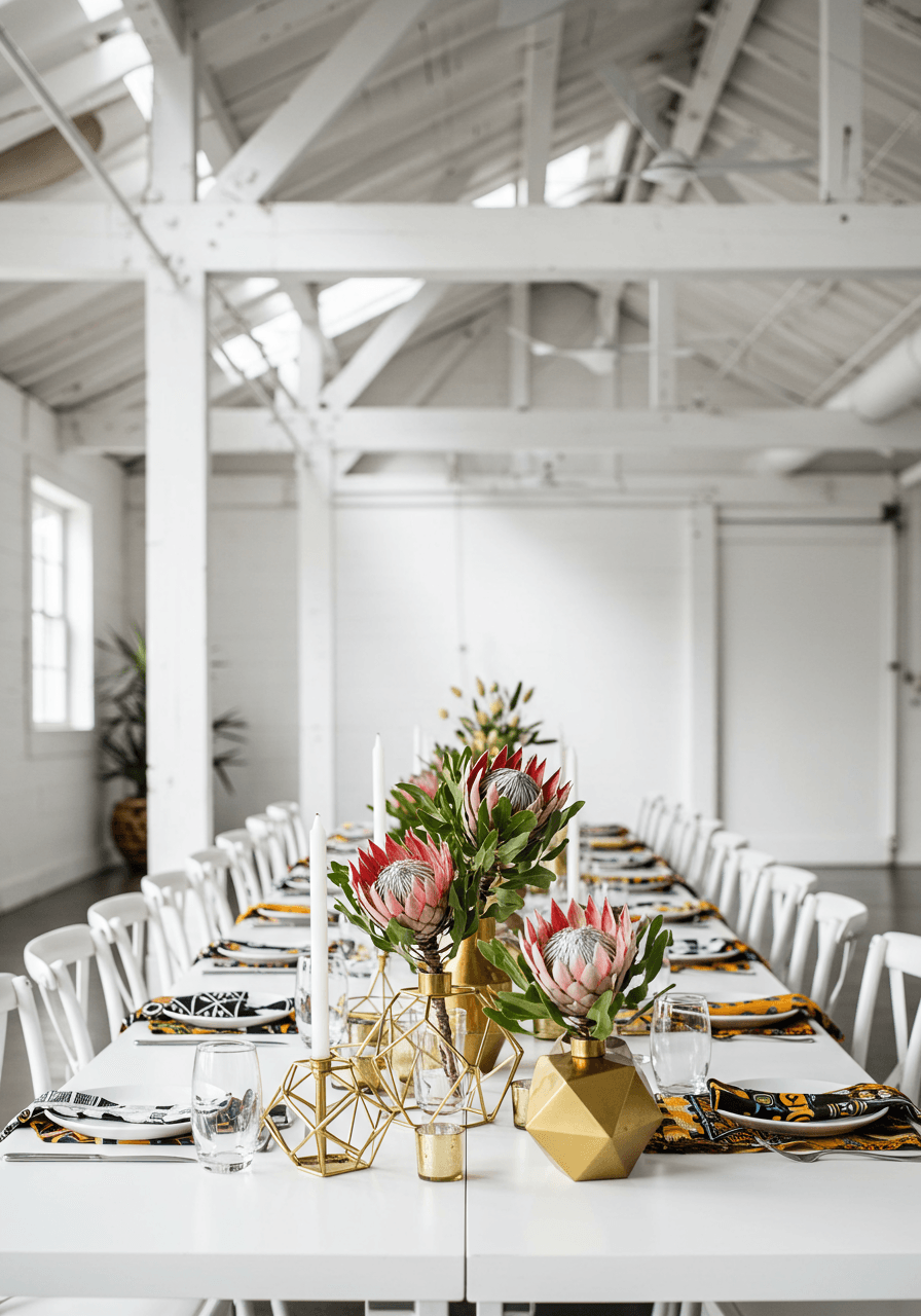 Detail shot of geometric brass vessels with dried protea flowers on white table with subtle African textile elements in modern venue