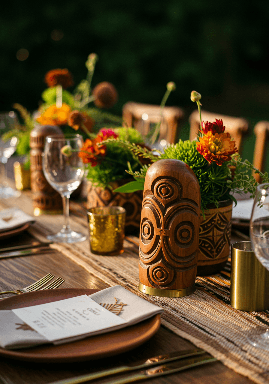 Close-up of handcrafted wooden Adinkra symbol carvings with brass accents and woven textiles in sophisticated garden reception setting
