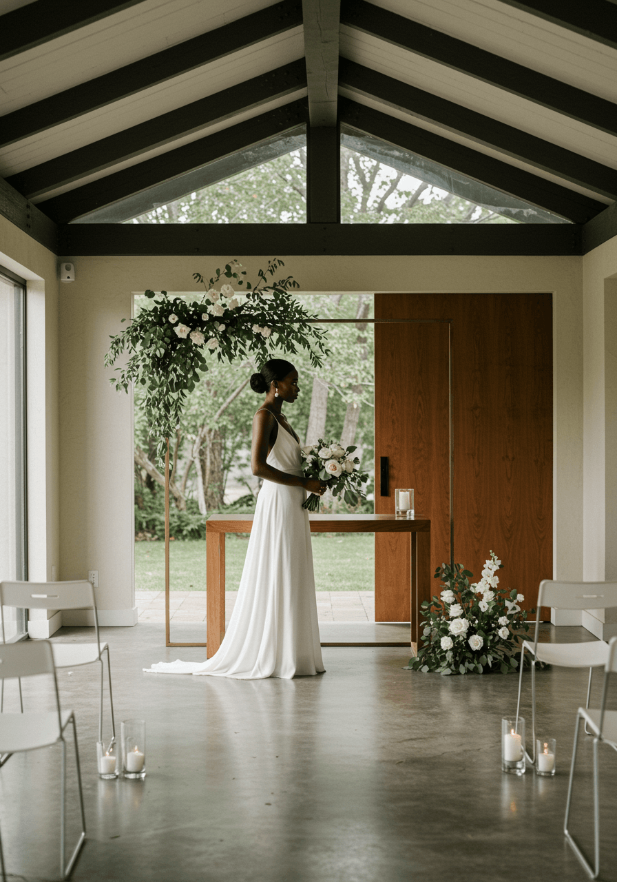 Black bride in simple white linen dress standing beside sleek wooden altar with single orchid in geometric pavilion with clean lines