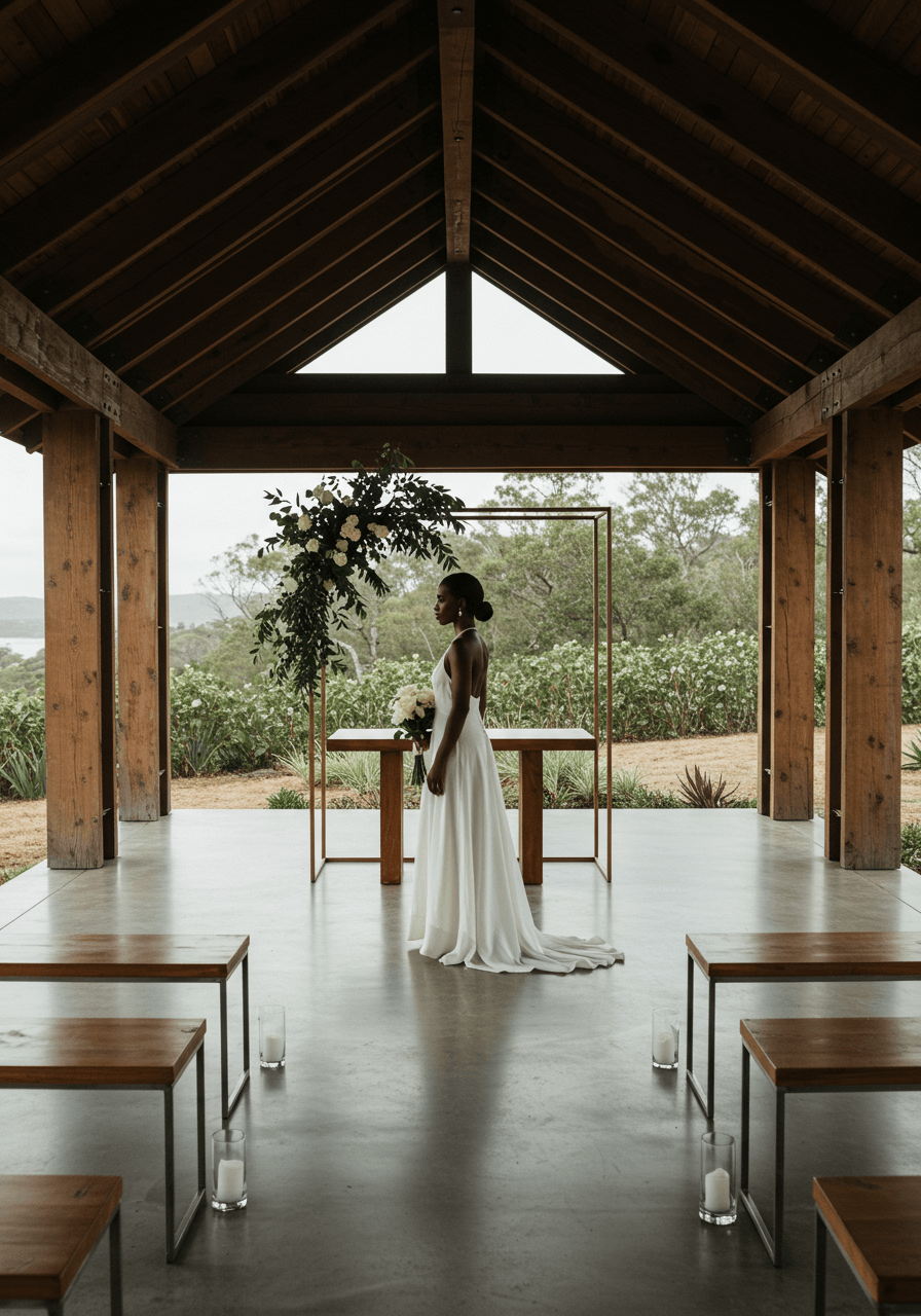 Minimalist wedding ceremony in modern pavilion featuring concrete flooring and geometric metal accents with subtle cultural touches