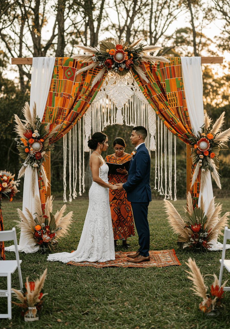 Bride and groom exchanging vows under vibrant African kente cloth draping with macrame backdrops surrounded by pampas grass during golden hour ceremony