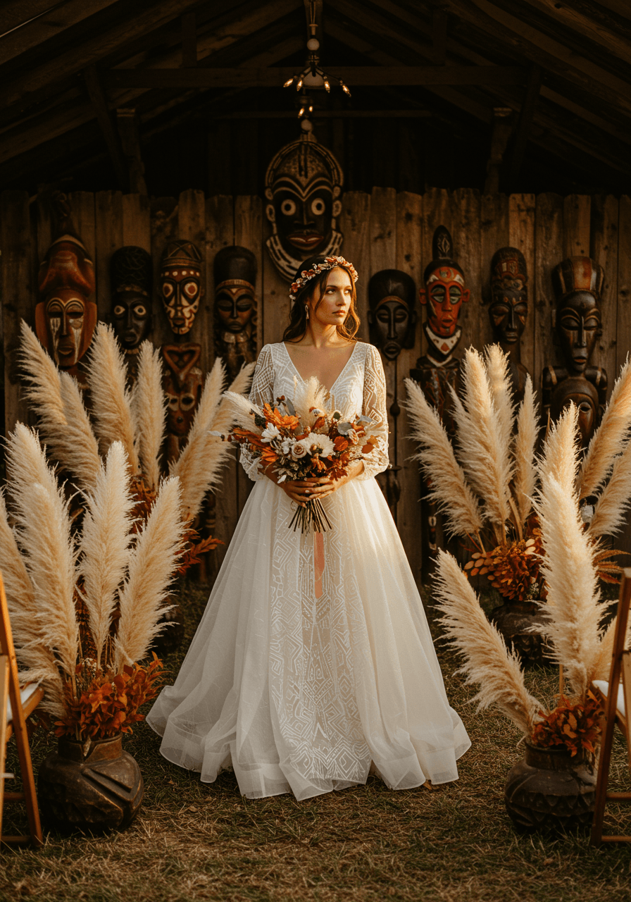 Bride in flowing bohemian dress with African geometric embroidery standing among tall pampas grass with vibrant African masks and wooden sculptures during golden hour
