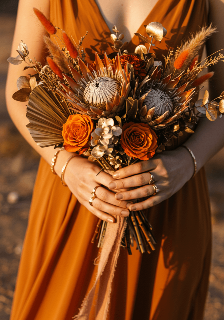 Close-up of bridal bouquet featuring dried protea, terracotta roses, and gold-dusted eucalyptus held by hands with delicate gold jewelry in desert setting